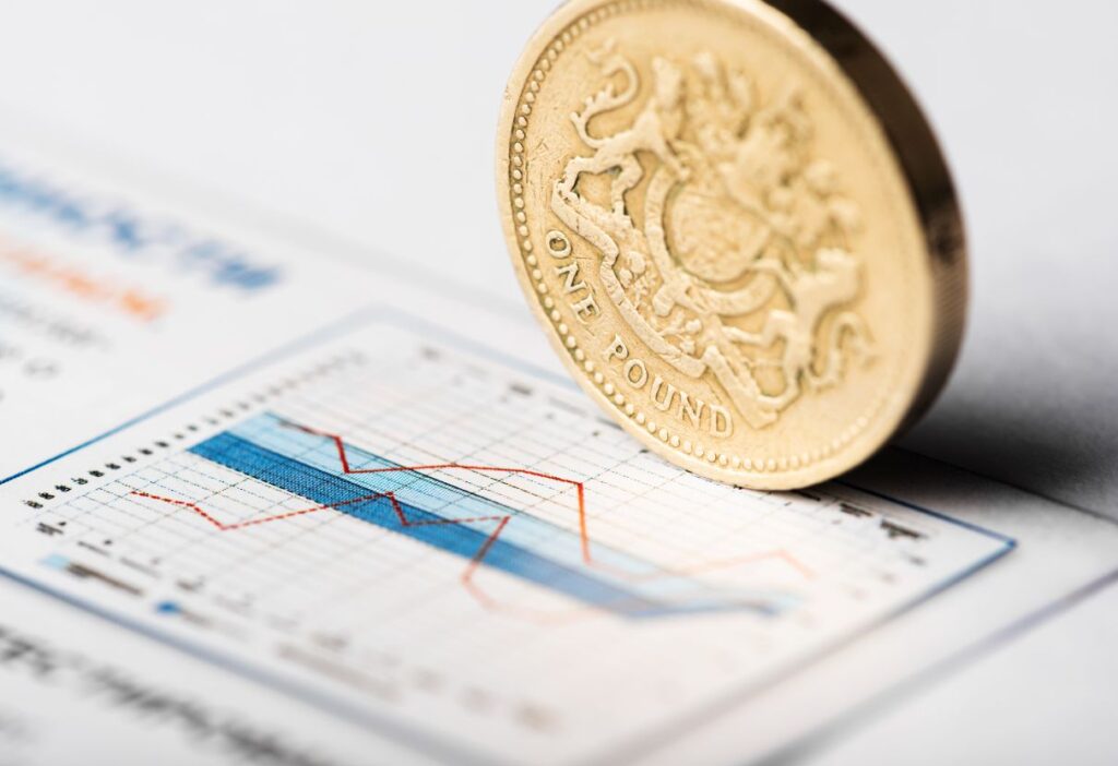 A close-up of a one-pound coin on top of a financial graph, representing the impact of debt and economic fluctuations in the UK.