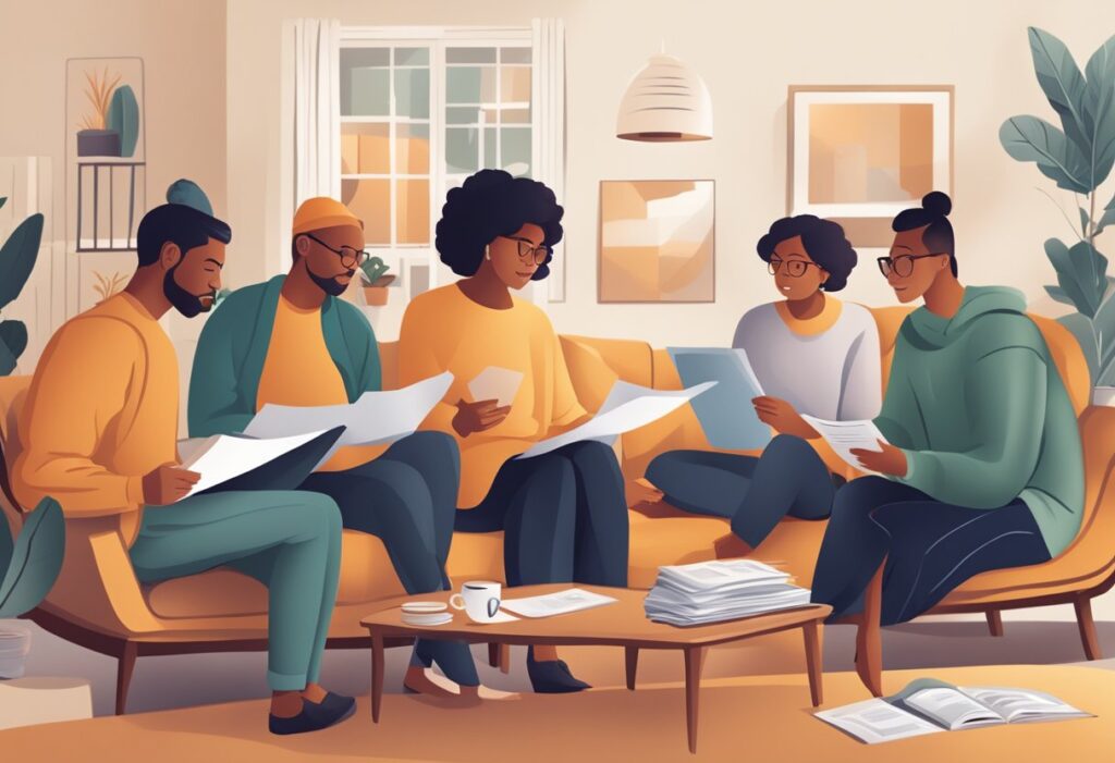 A diverse group of people reviewing paperwork and discussing financial strategies in a cozy living room with a cup of tea