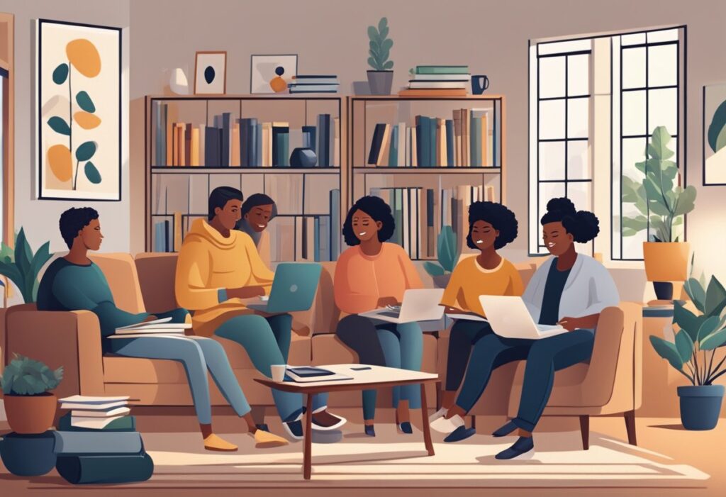 A diverse group of people reviewing paperwork and discussing financial strategies in a cozy living room with a cup of tea