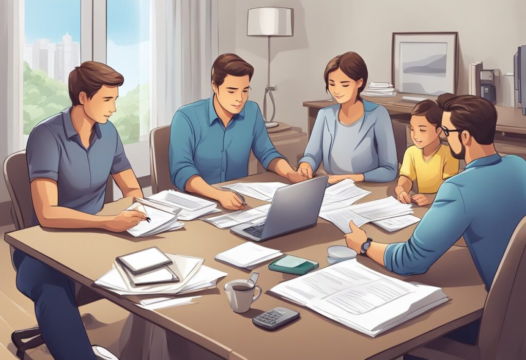 A family sitting around a table with papers and a computer, discussing financial strategies and benefits