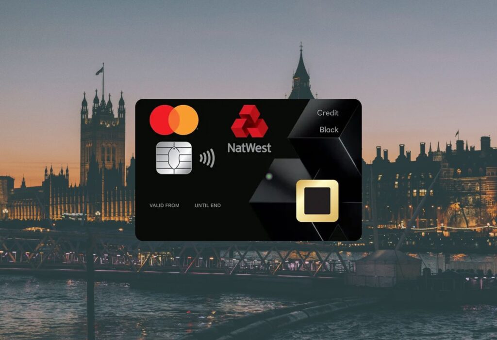 Elegant evening view of London with the NatWest Reward Black credit card overlay, symbolising premium benefits and exclusive access for sophisticated lifestyles.