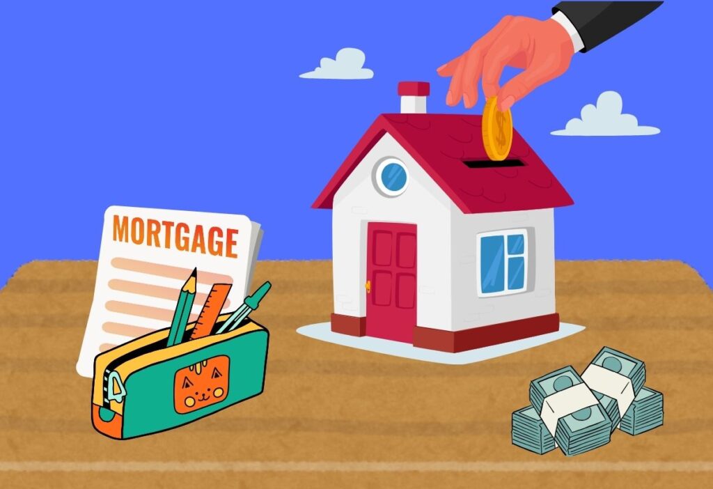 A hand dropping a coin into a house model with a mortgage document, stationery, and money bundles nearby, symbolising efforts to pay off a mortgage faster.