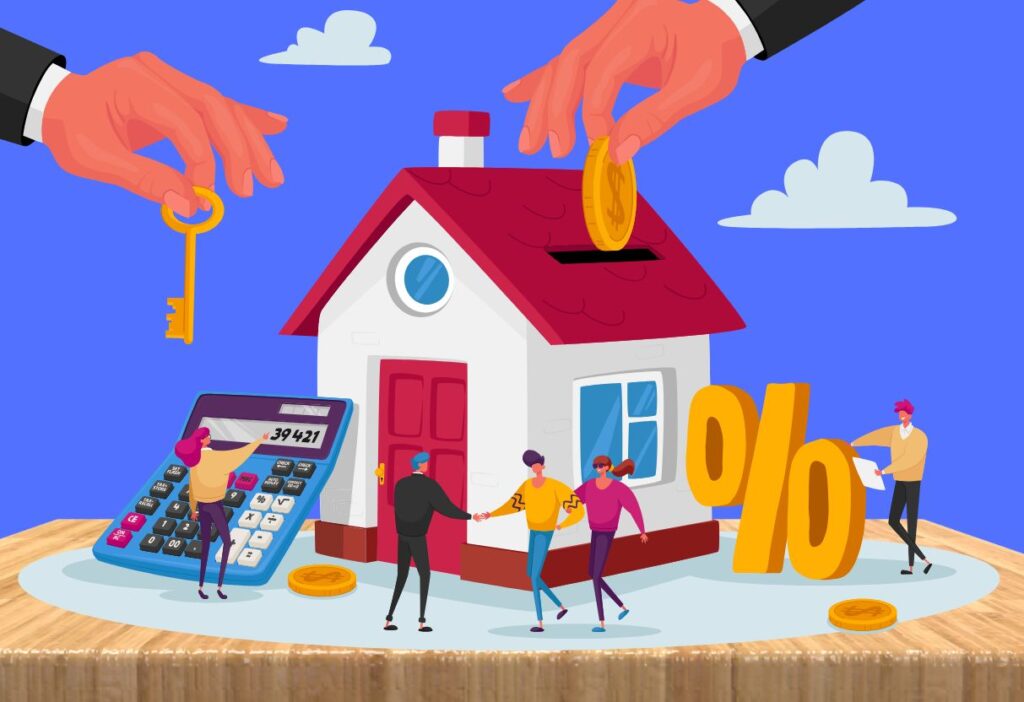 A large hand holding a coin above a house with a calculator, percentage symbol, and people interacting, representing mortgage and property investment concepts.