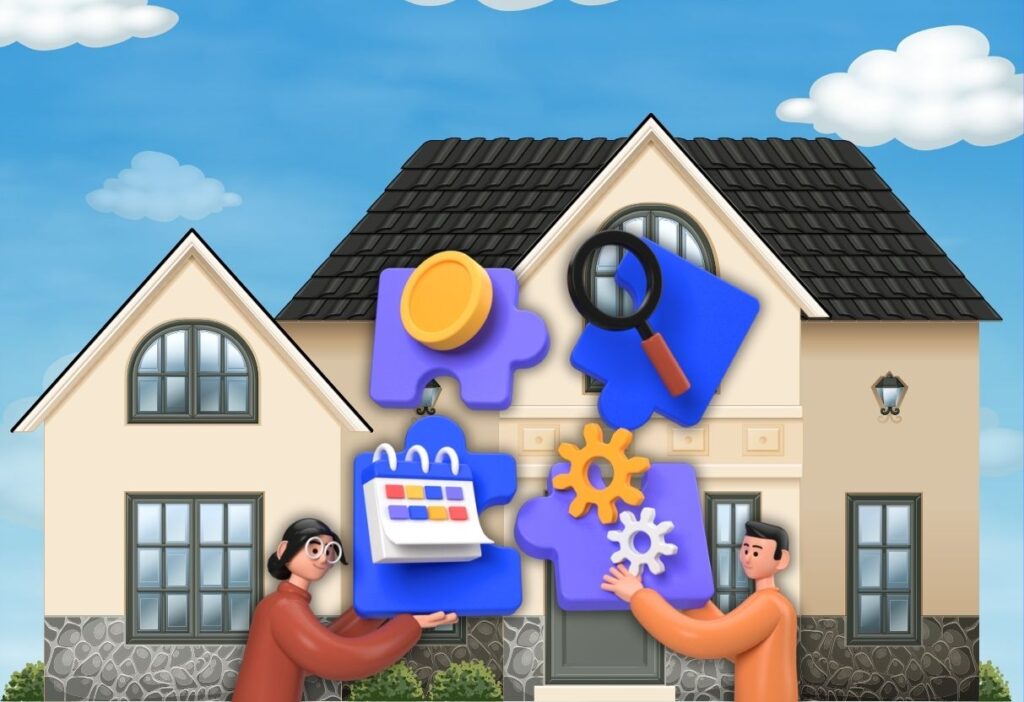 Two individuals assembling puzzle pieces in front of a house, symbolising various aspects of homeownership and financial planning.