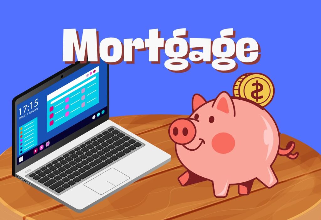 A smiling piggy bank next to a laptop with "Mortgage" written above, representing saving strategies for mortgage payments.