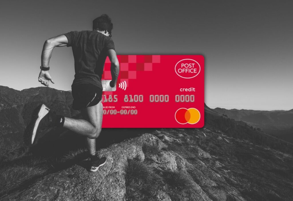 Runner on a mountain trail with a prominent red Post Office credit card overlay, symbolizing active lifestyle and financial freedom.