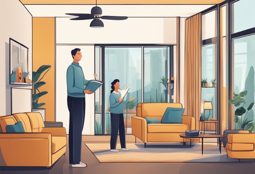 A cozy living room with a landlord collecting rent from a tenant, while a property manager inspects the condition of the rental property