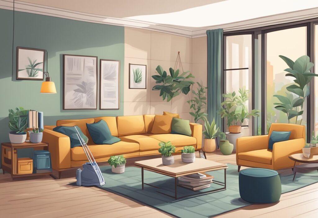 A cozy living room with a landlord collecting rent from a tenant, while dealing with property maintenance and paperwork