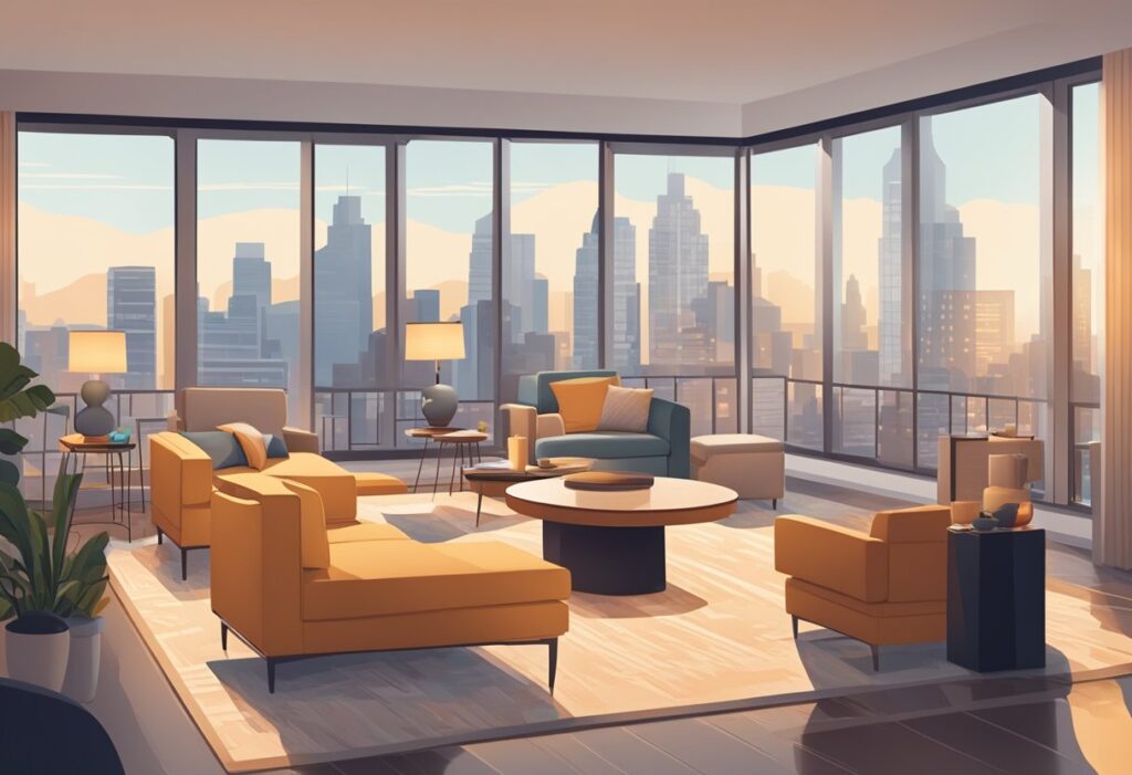 A cozy living room with a fireplace, comfortable furniture, and large windows overlooking a city skyline. A landlord collects rent from happy tenants while a property manager oversees maintenance