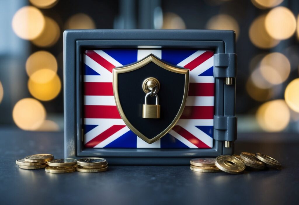 A secure safe with a British flag on it, surrounded by a shield and lock.