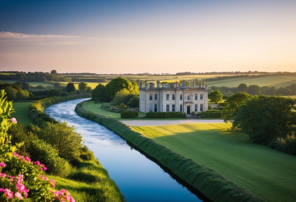 A serene countryside landscape with a stately manor and a winding river, surrounded by lush greenery and vibrant flowers.