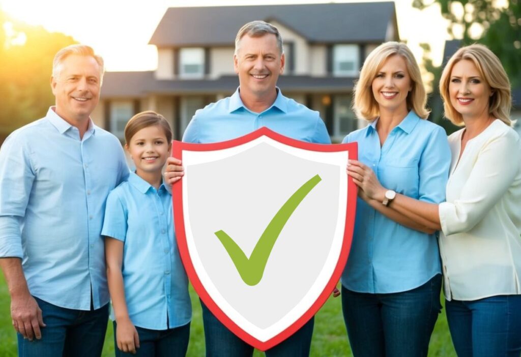 A family standing together, surrounded by a shield symbolizing protection, with a house in the background.