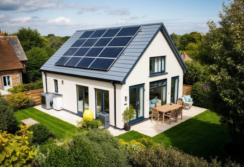 A cozy living room with dimmed lights, a smart thermostat, and insulated windows to reduce energy consumption.