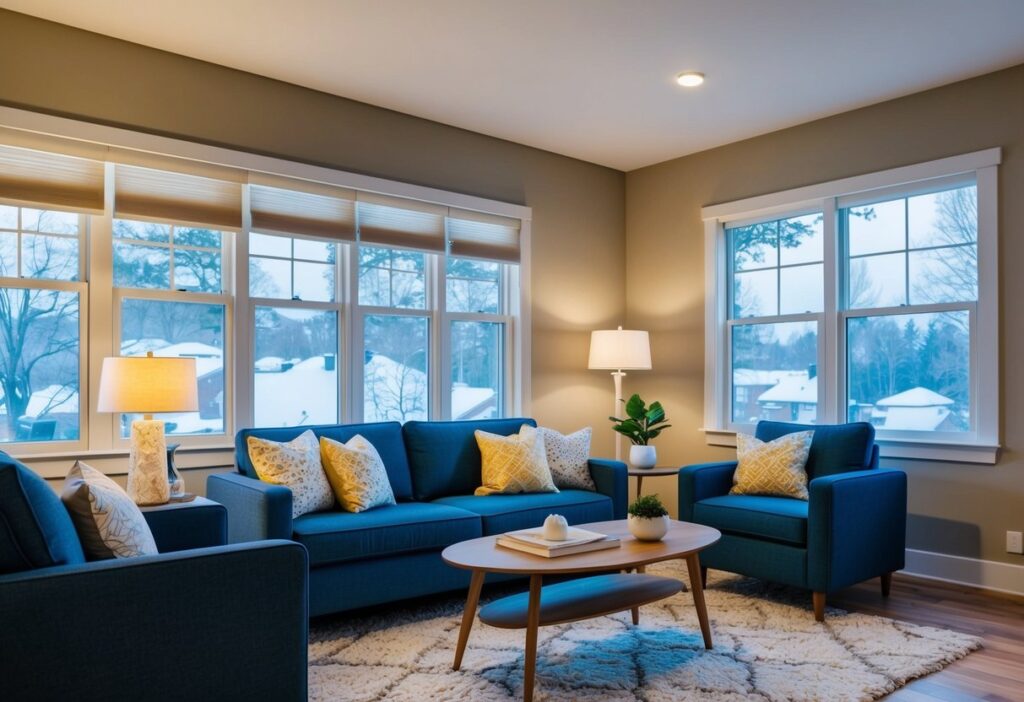 A cozy living room with energy-efficient lighting, insulated windows, and a smart thermostat controlling the temperature.