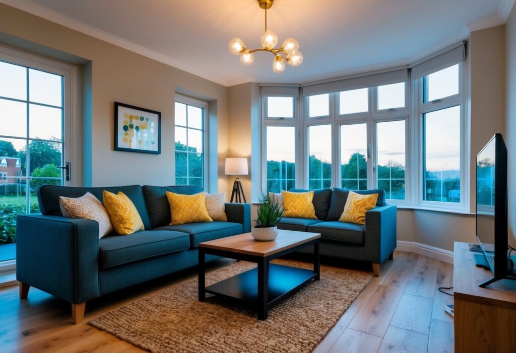 A cozy living room with LED light bulbs, smart thermostat, and double-glazed windows to reduce energy usage and lower utility bills in the UK.