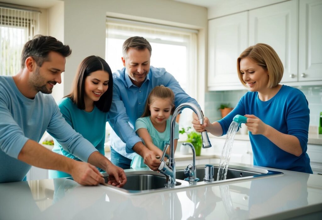 A family turning off faucets, fixing leaks, and using water-saving appliances in their home to reduce utility bills in the UK.