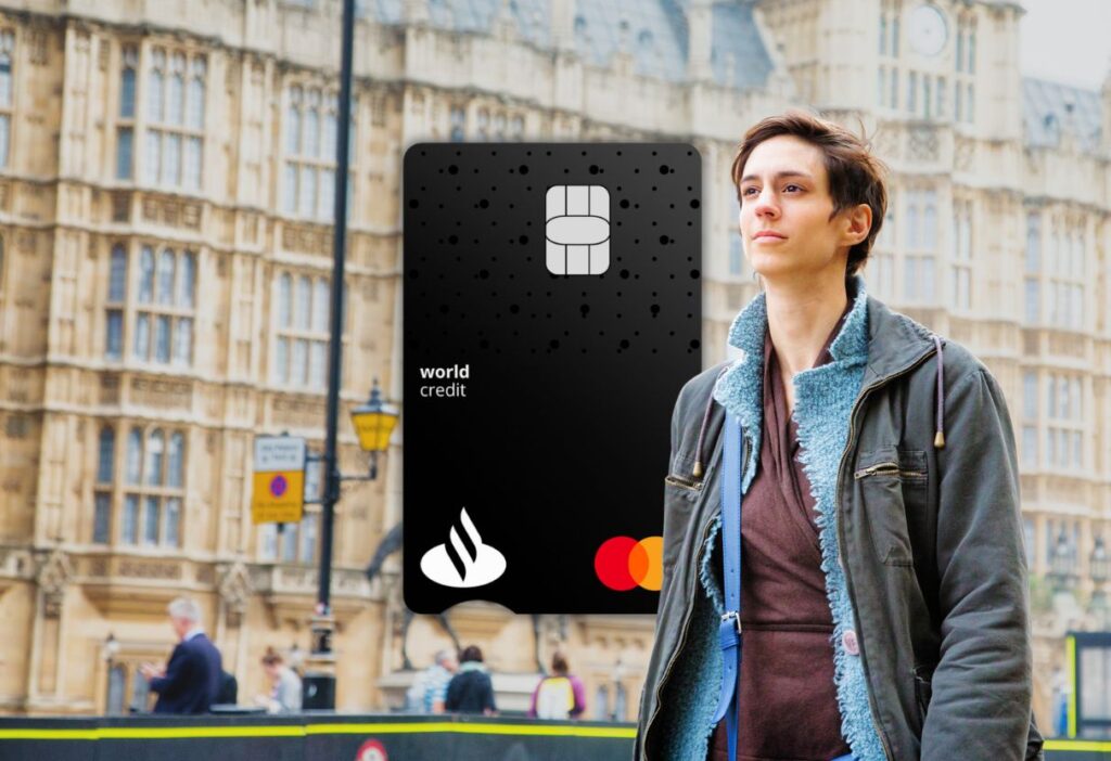 A young person standing confidently near an iconic British building, with the World Credit Card displayed prominently, representing sophistication and global accessibility.