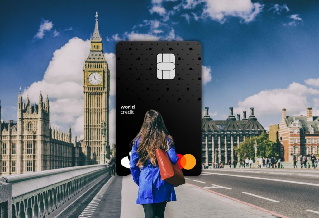 A woman walking across Westminster Bridge towards Big Ben, with the World Credit Card symbolising premium financial solutions and freedom.