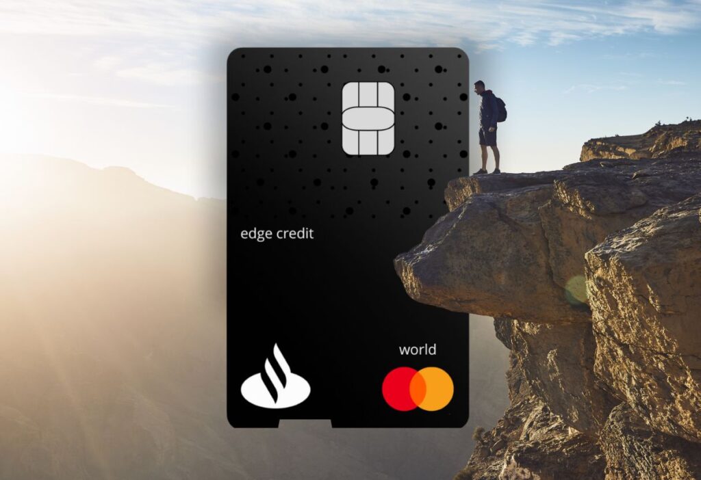 A climber on the edge of a cliff under the sunlight, with a large Santander Edge Credit Card in the background, representing exploration and premium credit benefits.