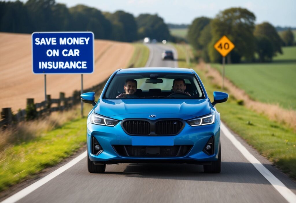 A car driving through the countryside with a road sign displaying "Save Money on Car Insurance" in the background.