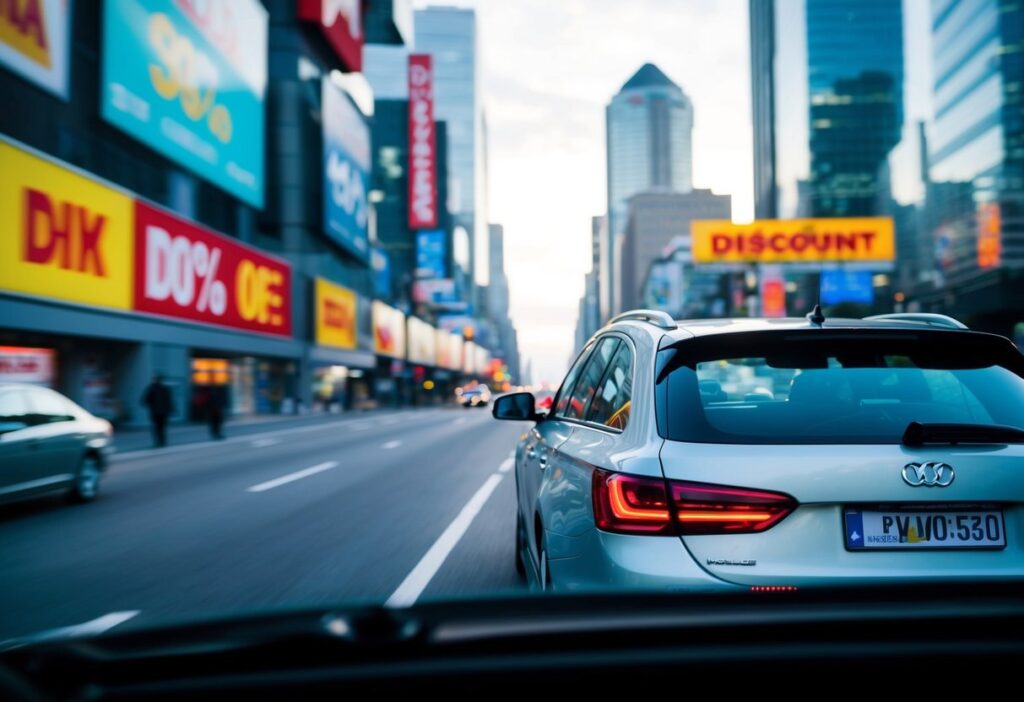 A car driving through a city with various discount signs in the background.