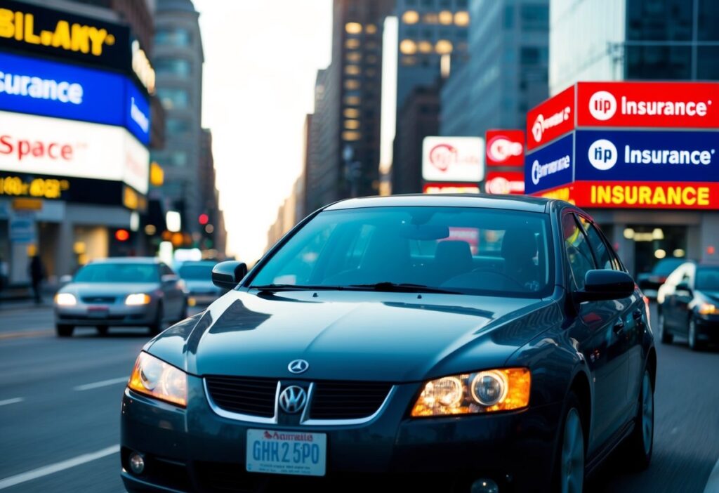 A car driving through a city with various insurance company logos on billboards and storefronts.