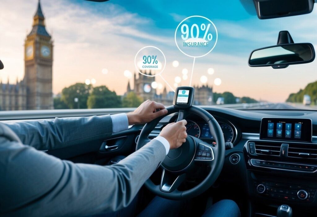 A person driving in the UK with digital insurance information displayed on the car’s dashboard, representing modern car insurance options and coverage levels.