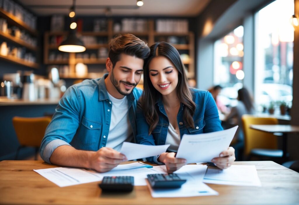 Smiling couple reviewing mortgage savings plan in a café.