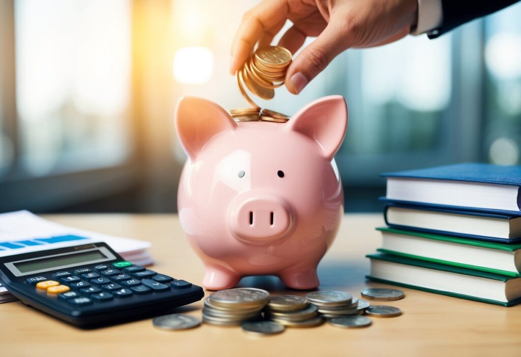 Hand placing coins into a piggy bank with financial documents nearby.