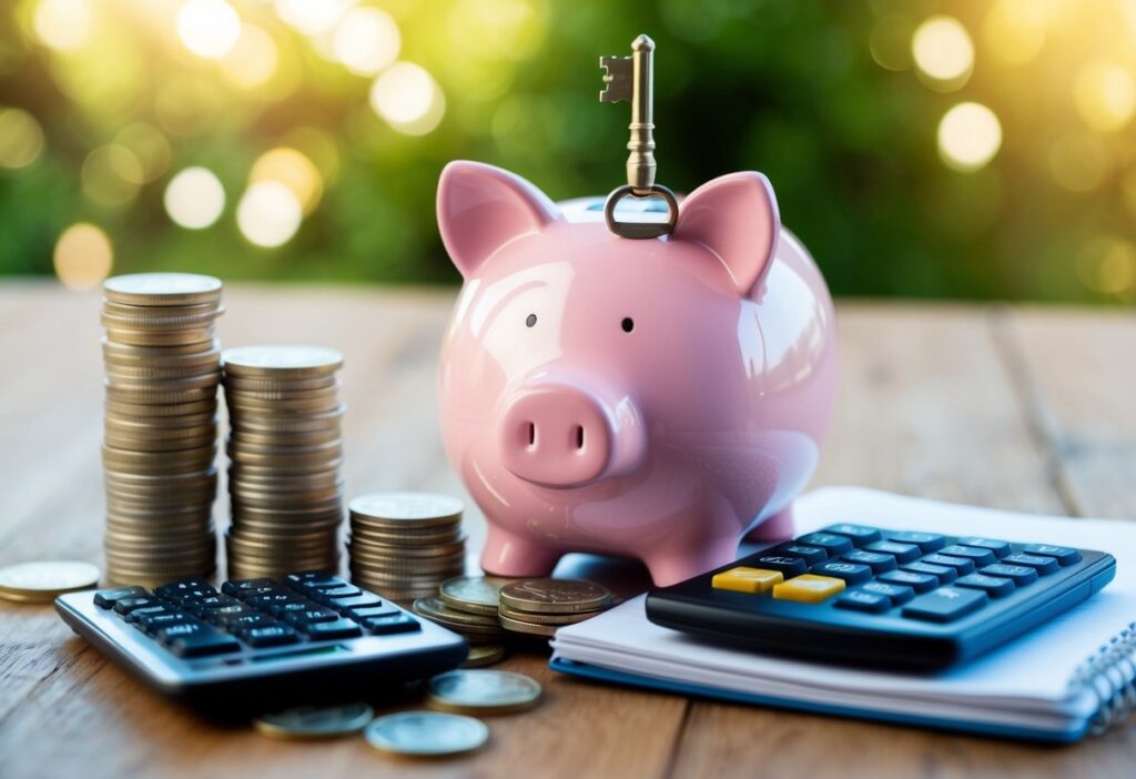 Pink piggy bank surrounded by stacks of coins and calculators.