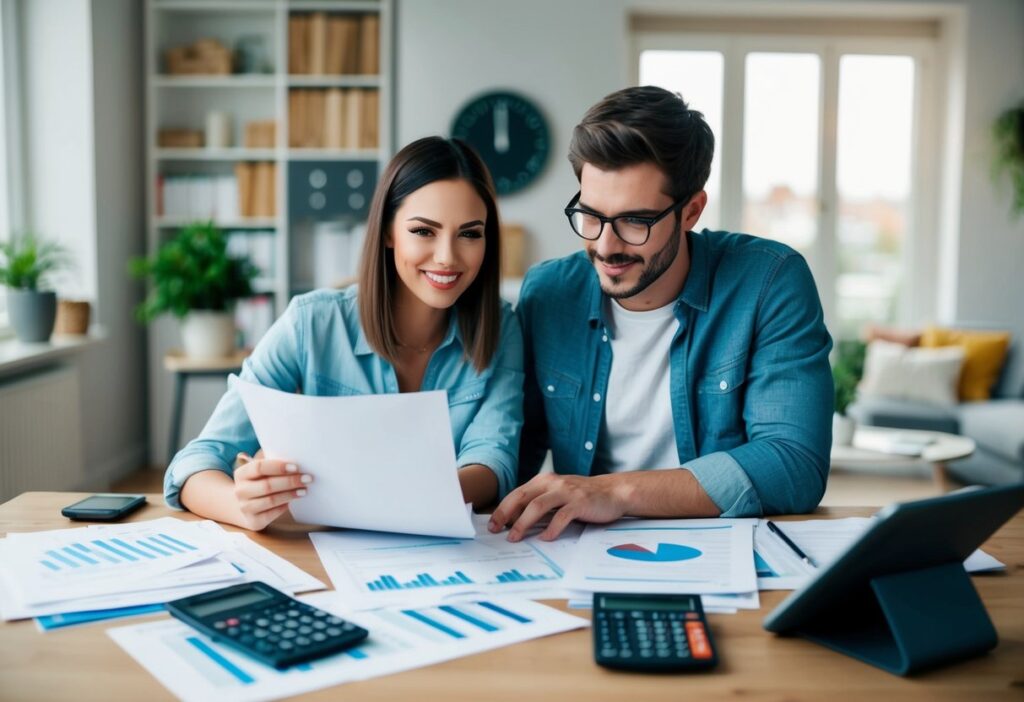 Couple discussing mortgage plans with financial documents and calculators.