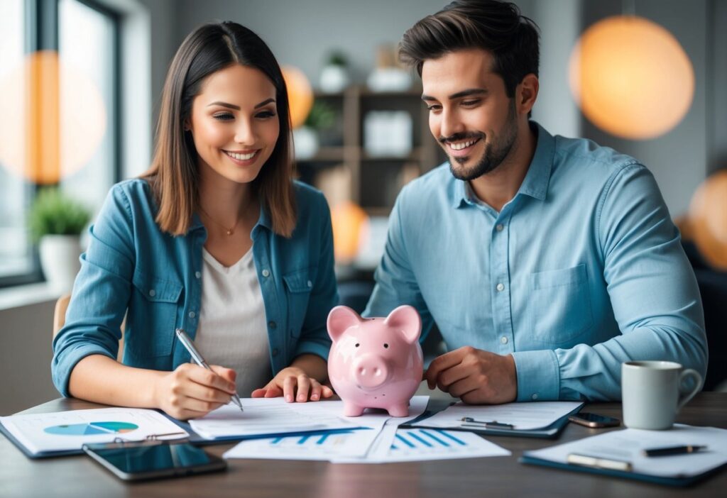 Couple reviewing financial documents with a piggy bank on the table.