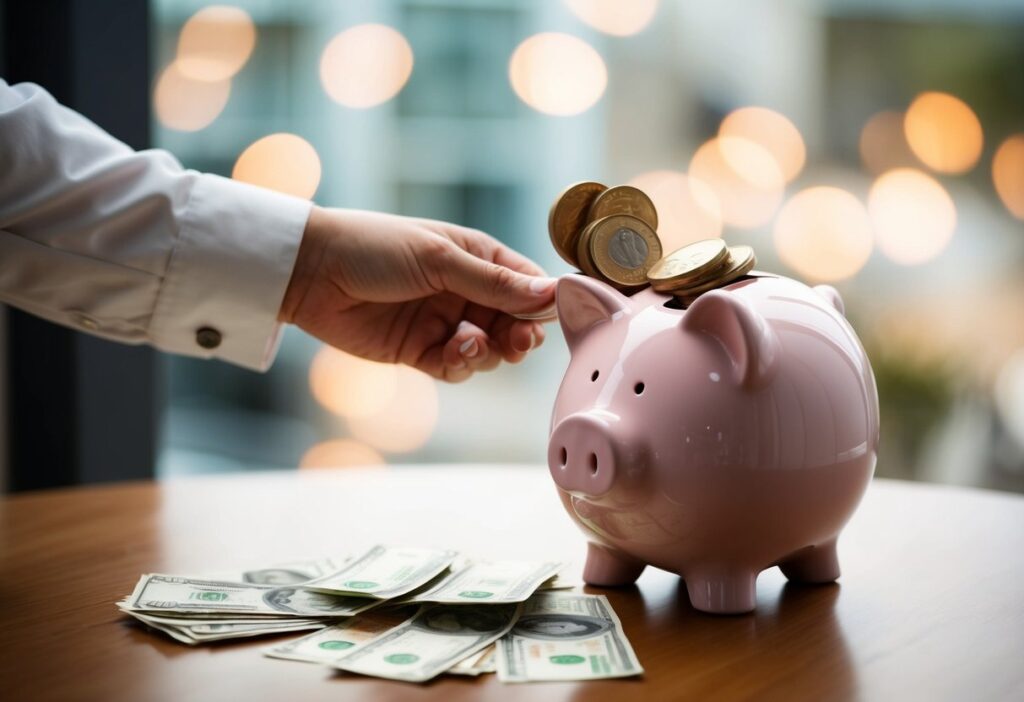 A piggy bank being filled with coins and banknotes on a table.