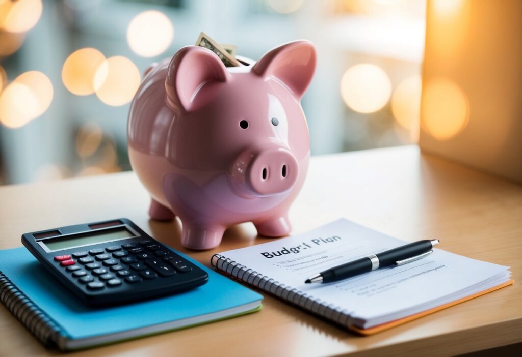 A piggy bank sits on a shelf, filled with coins and banknotes. A calculator, pen, and notebook lay nearby, with a budget plan written on the pages.