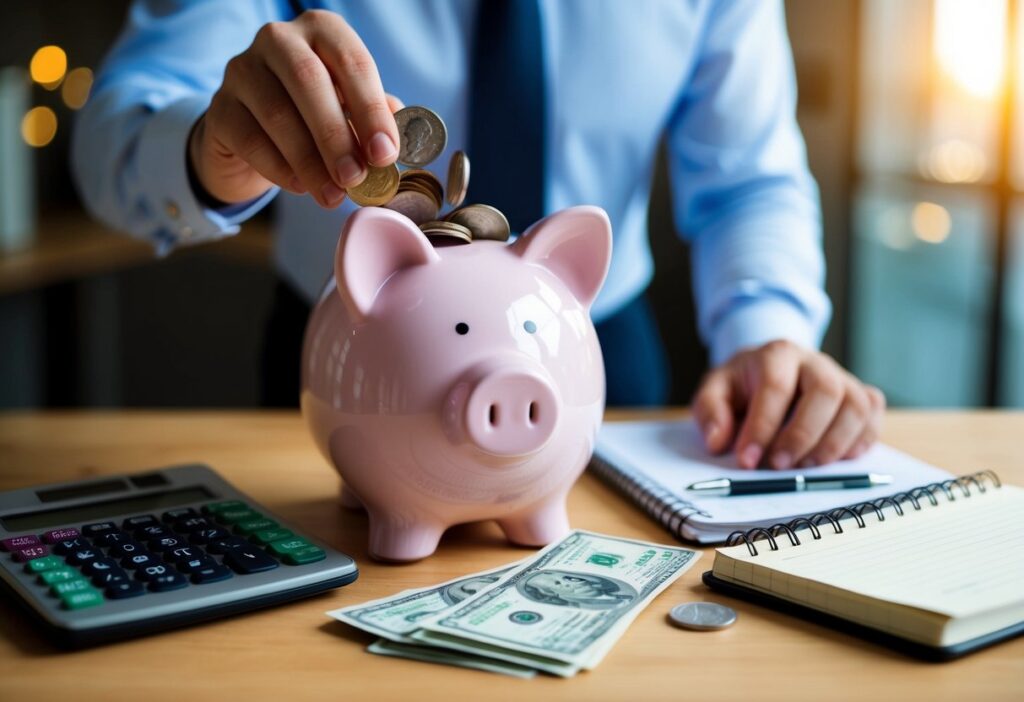 A piggy bank being filled with coins and bills on a table, with a calculator and notebook nearby for budgeting.