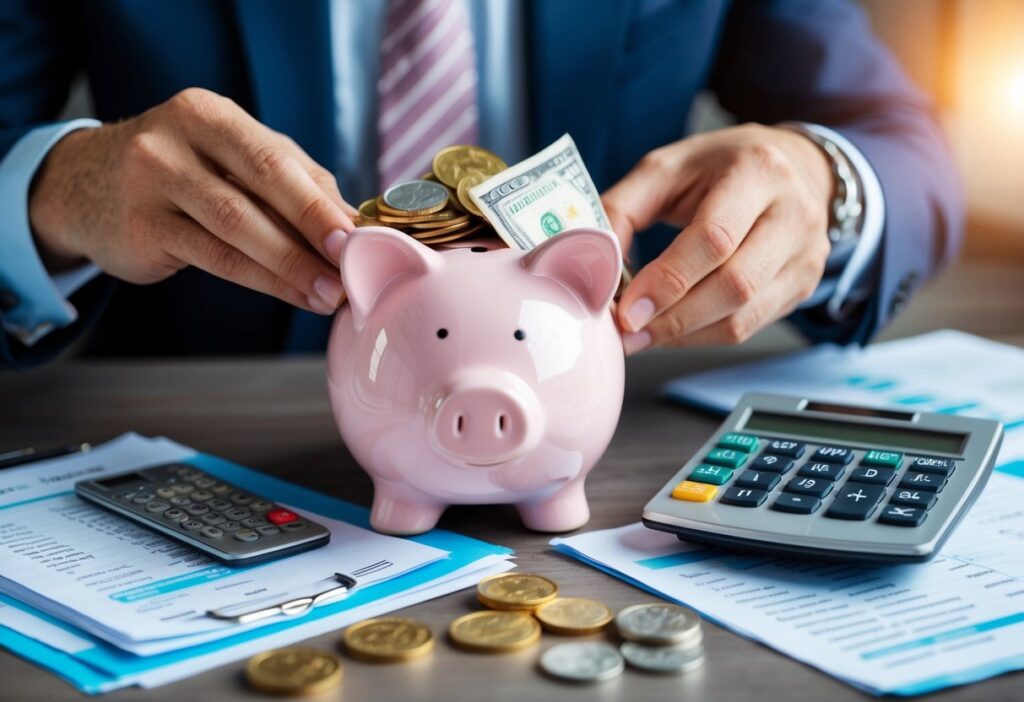 A piggy bank being filled with coins and banknotes, surrounded by financial documents and a calculator on a desk.