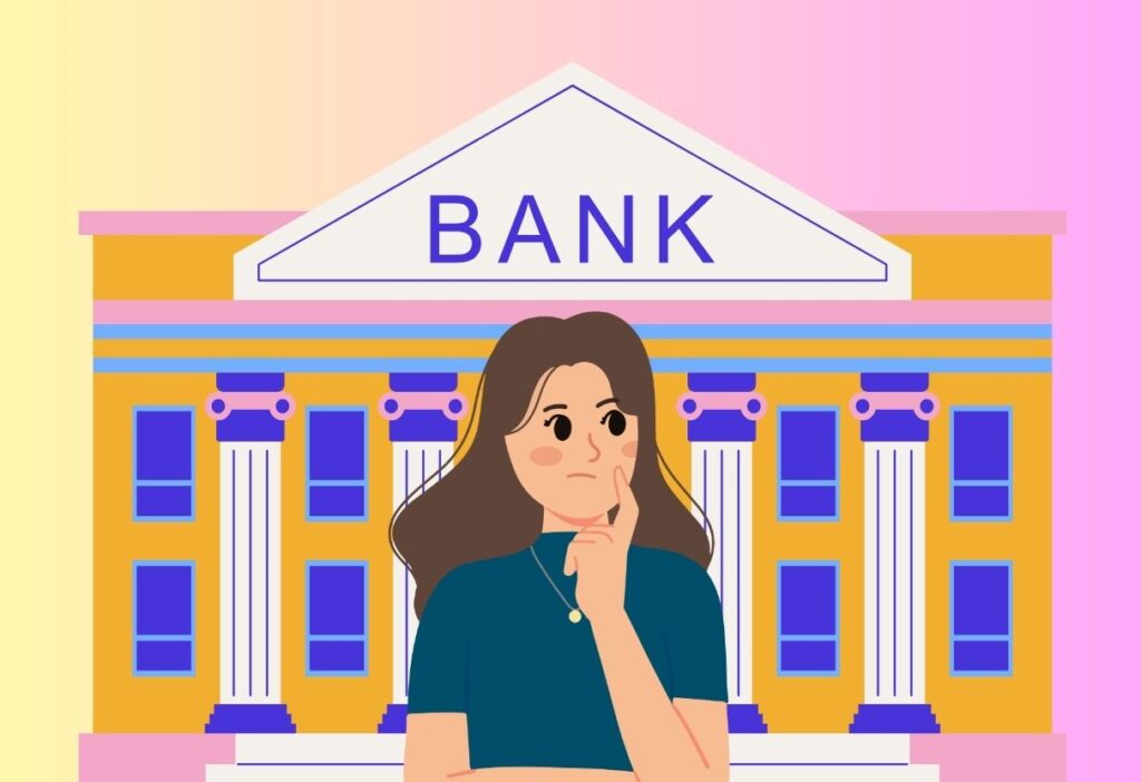 Illustration of a thoughtful woman standing in front of a bank building, contemplating a decision about switching banks for better perks and financial benefits.