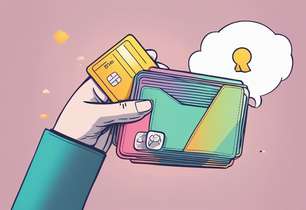 A person holding a piggy bank in one hand and a new bank card in the other, with a thought bubble showing images of rewards and perks