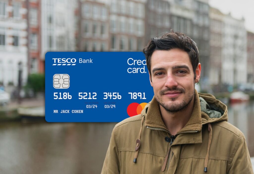 A stylish man by the canal, showcasing the Tesco Bank Credit Card, ideal for secure and flexible spending.