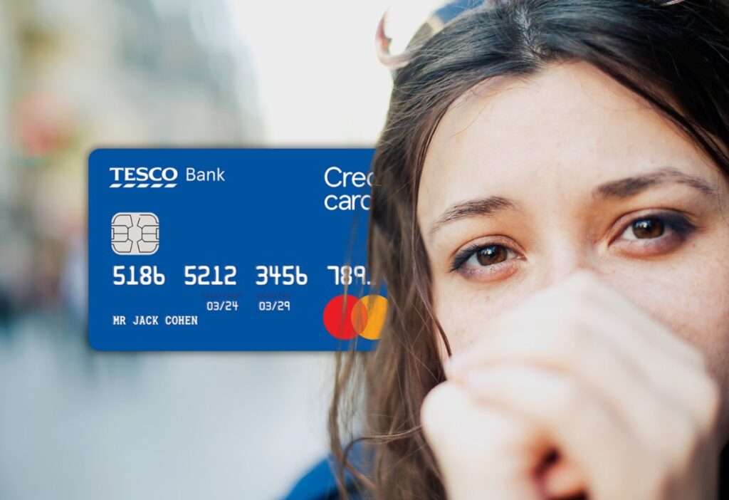 A thoughtful woman showcasing the Tesco Bank Credit Card, ideal for building credit and earning rewards with everyday purchases.