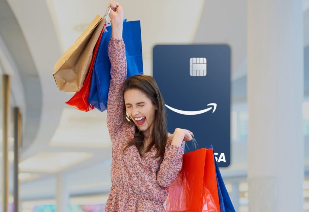 A woman happily holding multiple shopping bags, with an image of the Amazon Barclaycard Credit Card in the background, symbolising the excitement and benefits of using the card for purchases.