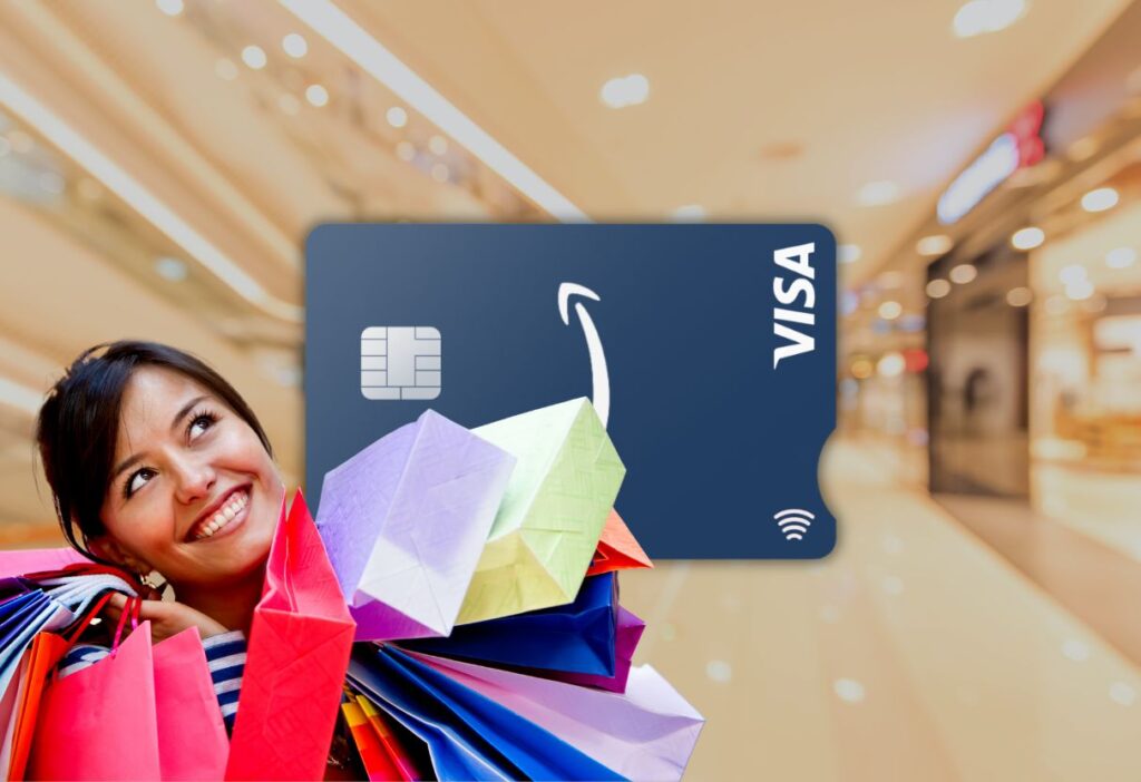 A woman smiling and holding multiple colourful shopping bags, with an image of the Amazon Barclaycard Credit Card in the background, symbolising the enjoyment and benefits of using the card for shopping rewards.