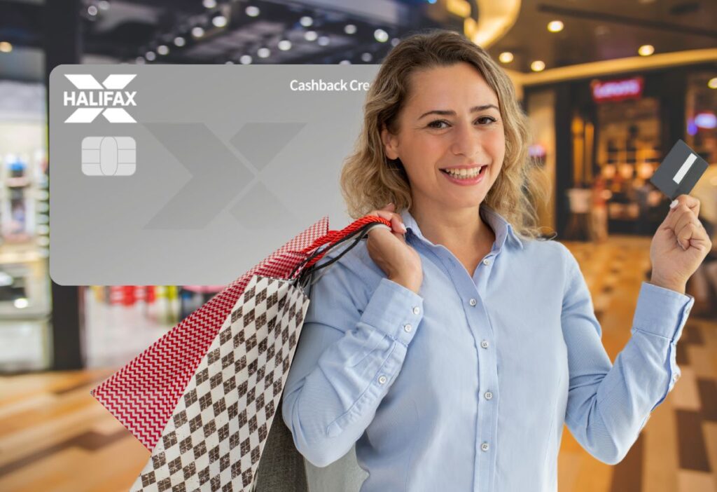 Smiling woman with shopping bags in hand, showcasing the Halifax Cashback Credit Card, perfect for earning cashback on everyday purchases.