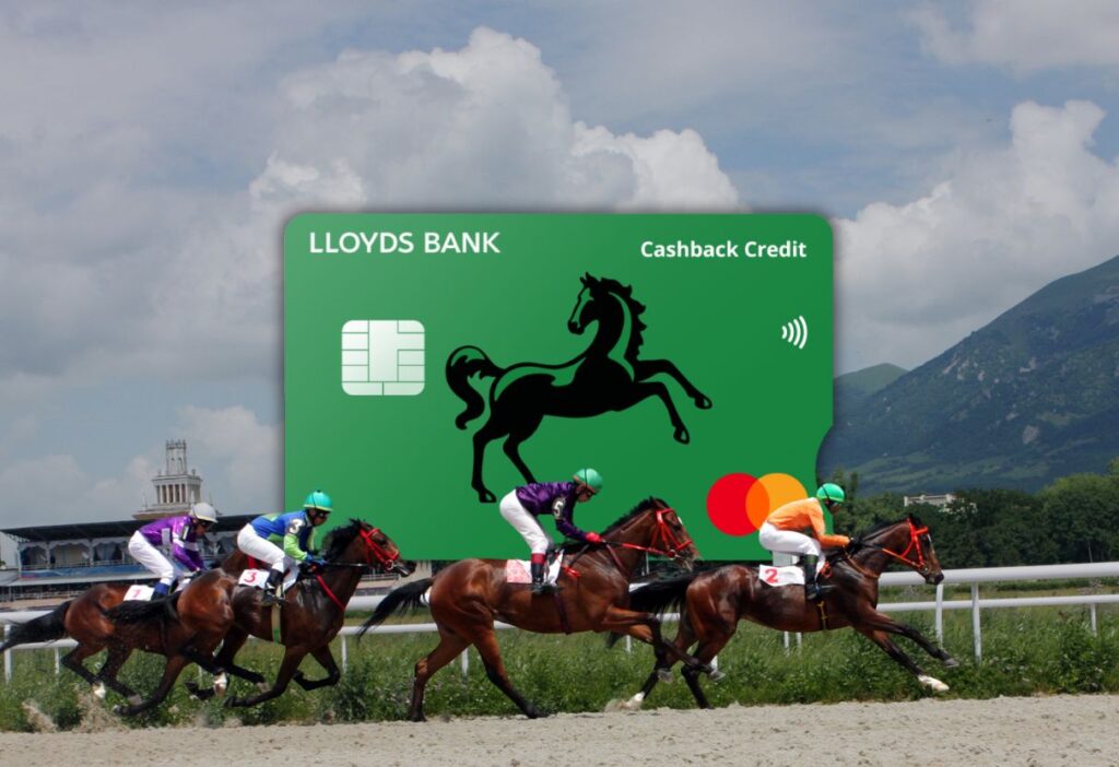 Lloyds Bank Cashback Credit Card with a horse race background, showcasing vibrant green card design and Mastercard logo.