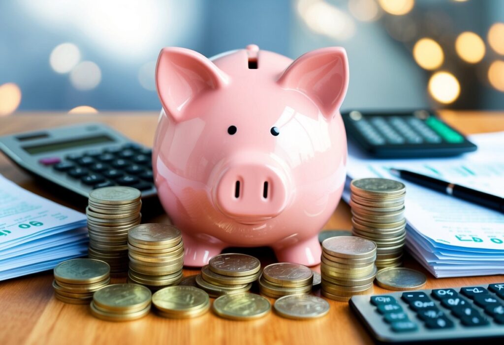 Piggy bank with multiple stacks of coins on a desk, symbolising savings and financial planning.