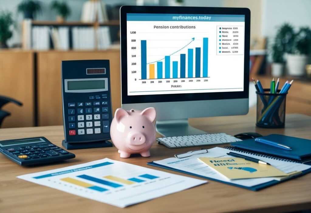 Bar chart showing pension contributions over time on a computer screen, with a piggy bank and financial documents on the desk.