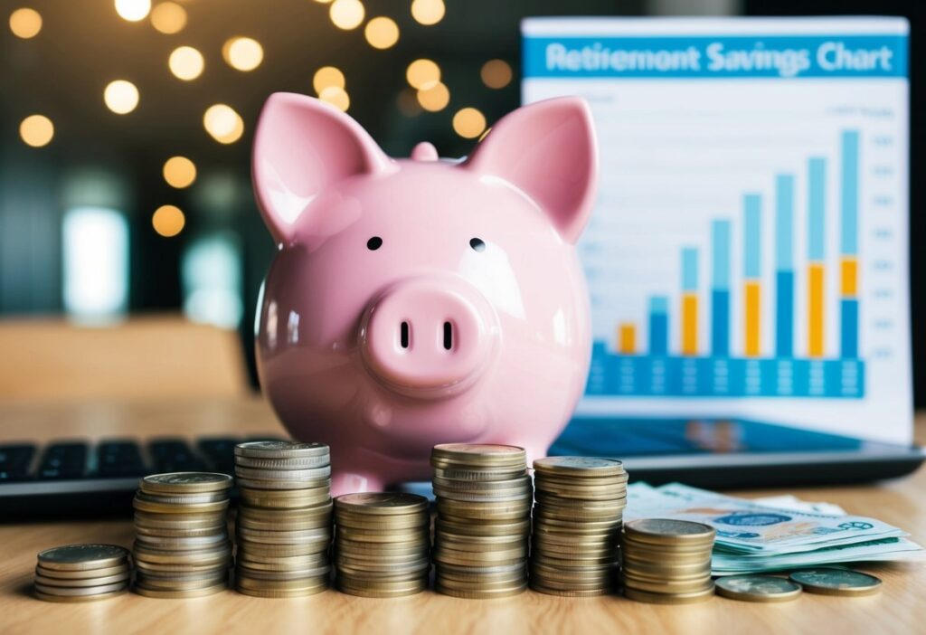 Piggy bank and stacks of coins in front of a retirement savings chart, illustrating long-term financial growth.