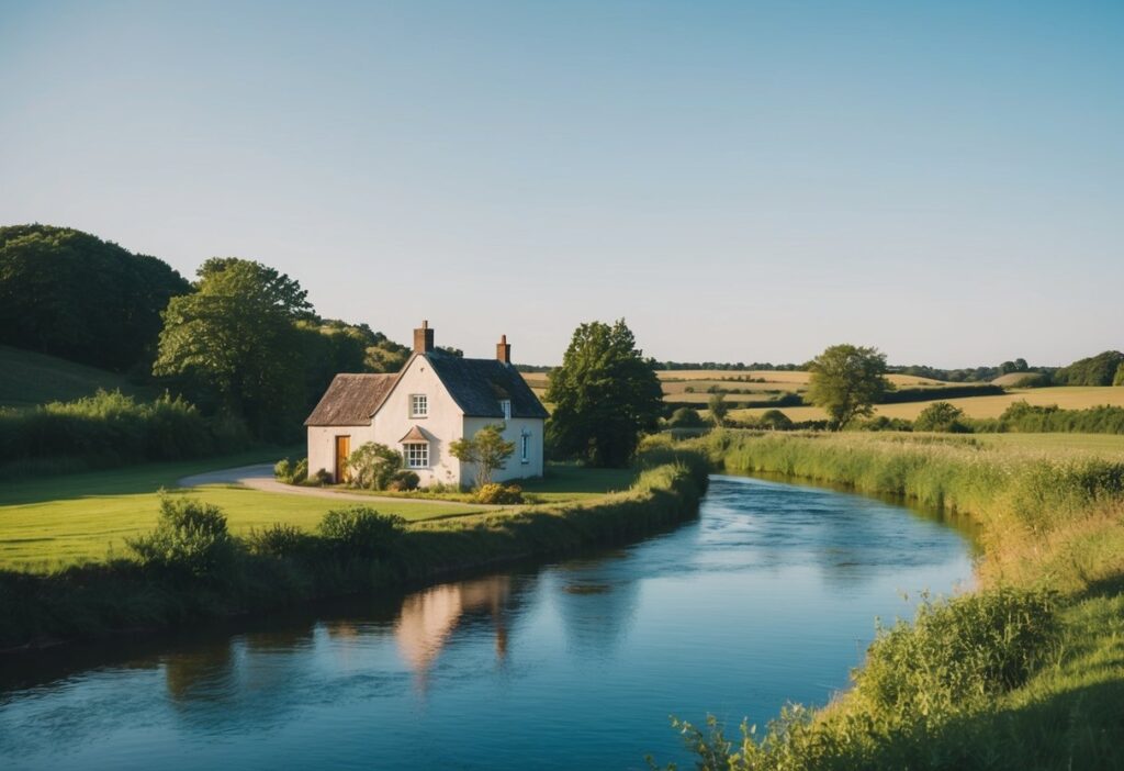 Scenic countryside with a small cottage by a river, symbolising peaceful retirement planning.