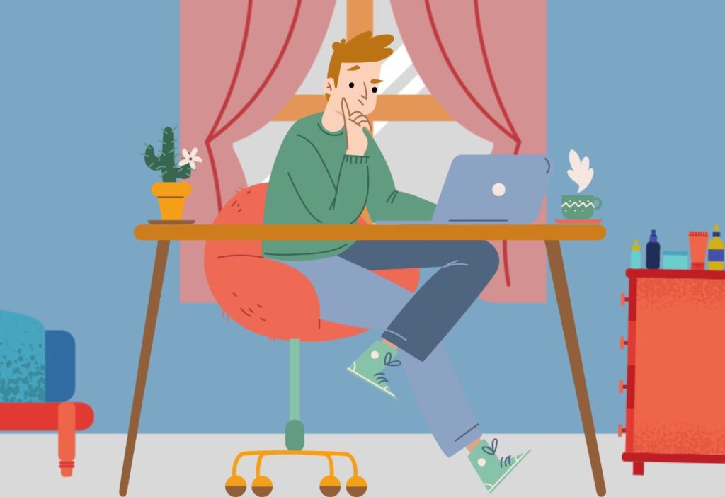 Illustration of a man sitting at a desk with a laptop, appearing thoughtful, with a cup of tea and a small potted plant nearby.