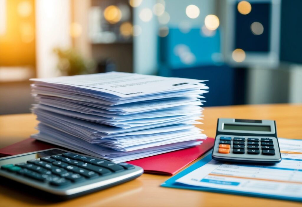 A stack of UK student loan documents on a desk, with a calculator and budget planner open beside them.